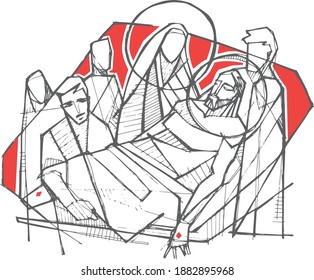 Hand drawn illustration or drawing of Virgin Mary and disciples burying Jesus body after the crucifixion