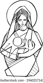 Hand drawn illustration drawing Virgin Mary and baby Jesus Christ