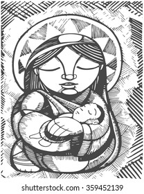 Hand drawn illustration or drawing of Virgin Mary Mother and Baby Jesus Christ, in an indigenous style