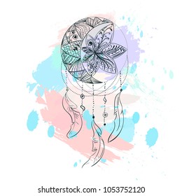 Hand drawn illustration of dream catcher, native american poster. Dreamcatcher with feathers and branches. Sweet dream. Native American Indian talisman. Vector hand drawn illustration.