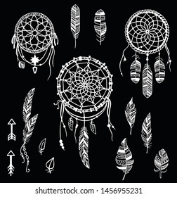 Hand drawn illustration of dream catcher, native american. Dream catchers set white on black.