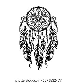 A Hand drawn illustration of a dream catcher with feather and bead details in black and white line art
