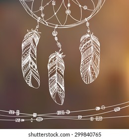 hand drawn illustration of dream catcher, native american poster. Vintage ethnic tribal feather 