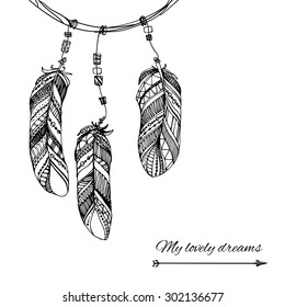 hand drawn illustration of dream catcher, native american poster. Vintage ethnic tribal feather