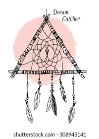 Hand drawn illustration - Dream catcher in triangle form. Tribal design element. Vector