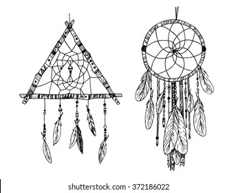 Hand drawn illustration - Dream catcher. Tribal design element. Vector