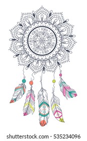 Hand drawn illustration of dream catcher, native american poster. Native American Indian talisman. Vector hipster illustration isolated on white. Ethnic design, boho chic, tribal symbol. 