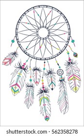 Hand drawn illustration of dream catcher, native american poster. Native American Indian talisman. Vector hipster illustration isolated on white. Ethnic design, boho chic, tribal symbol. 