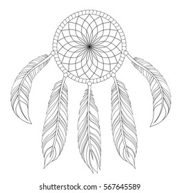 Hand drawn illustration of dream catcher in zentangle graphic style, native american symbol for greeting card, t-shirt print, poster.