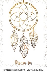 Hand drawn illustration of dreamcatcher, vector illustration with golden ethnic feathers, poster