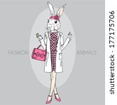 Hand drawn illustration of dressed up bunny girl in colors
