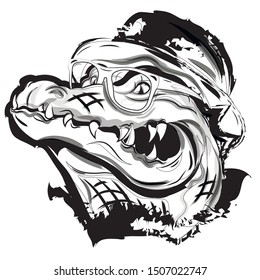 Hand drawn illustration of dressed crocodile. Continuous one line drawin. Crocodile hipster in hat