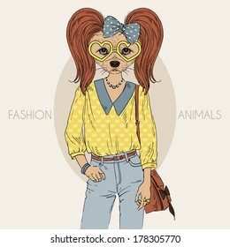 Hand drawn illustration of dressed up doggy hipster girl in colors