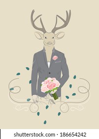 Hand drawn illustration of dressed up elegant deer with bouquet of roses