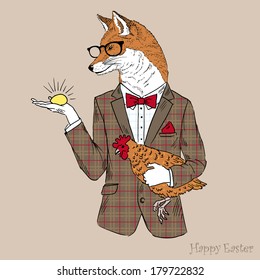 Hand drawn illustration of dressed up fox with chicken and golden egg in colors