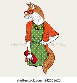 Hand drawn illustration of dressed up fox girl