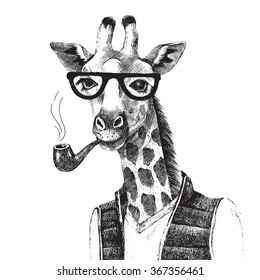 Hand drawn Illustration of dressed up giraffe hipster