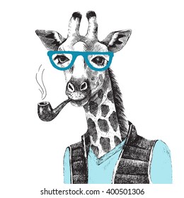 Hand drawn Illustration of dressed up giraffe hipster