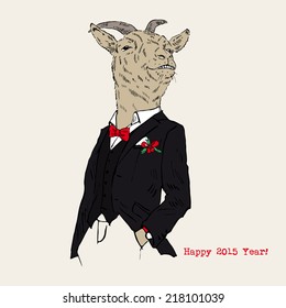 Hand drawn illustration of dressed up goat, chic style, new year Chinese horoscope