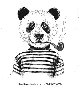 Hand drawn Illustration of dressed up hipster panda with pipe