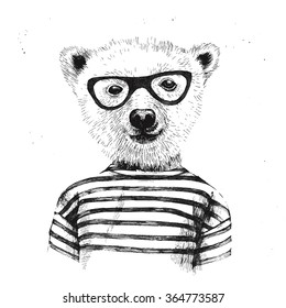 Hand drawn Illustration of dressed up hipster bear  in glasses