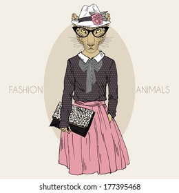 Hand drawn illustration of dressed leopard girl hipster in colors