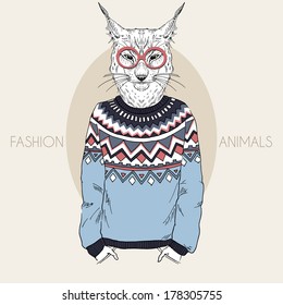 Hand drawn illustration of dressed up lynx hipster in colors