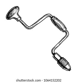 Hand drawn Illustration of hand drill isolated on white background in vintage engraved style.
