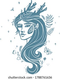 Hand Drawn Illustration Of Druid Woman. Alchemy, Tattoo Art, T-shirt Design. Isolated Vector On White Background.