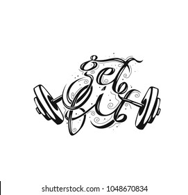 Hand drawn illustration of dumbells and rod, gym and fitness, text, vector illustration