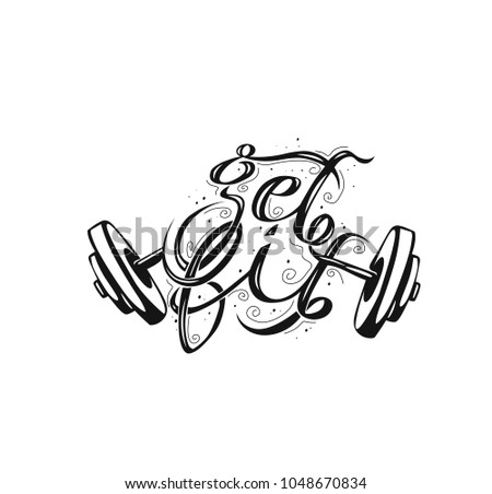 Hand drawn illustration of dumbells and rod, gym and fitness, text, vector illustration