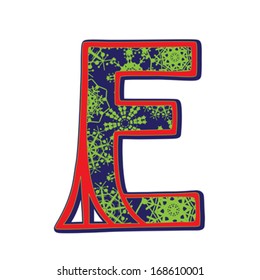 Hand drawn illustration of the E capital letter with a green winter snowflakes ornamentation on dark blue, one element isolated on white