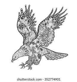 Hand drawn illustration "Eagle" was created in doodling style in black and white colors.  Painted image is isolated on white background.

