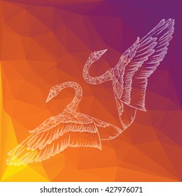 Hand drawn illustration of eagle in line art style with engraved elements. Sketch on vintage background for web print brochure. Vector Decorative Pattern. Low poly geometric design.