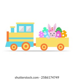 Hand drawn illustration of Easter bunny and train with eggs on white background.