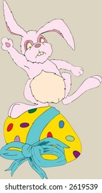 hand drawn illustration of an easter bunny standing on a chocolate egg
