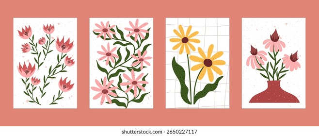 Hand drawn illustration of echinacea flowers in a red vase. Minimalist floral composition in soft pink and earthy tones. Perfect for botanical wall art, interior decor, greeting cards