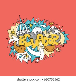 Hand drawn illustration of Ecuador for travel industry.