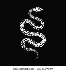 Hand drawn illustration of a editable white coiled snake isolated on black background. Dark poster with sketch of reptile as a decorative element for t-shirt design, tattoo idea, print. 