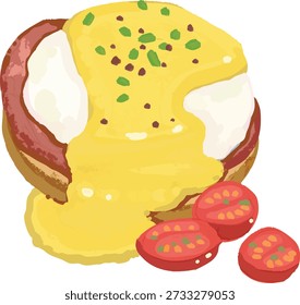 Hand drawn illustration of eggs Benedict with hollandaise sauce and tomatoes.