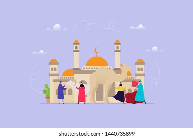 Hand drawn illustration of Eid Al Adha  with modern people character. Usable for landing page, website and mobile template. Background celebration day concept - Vector illustration.