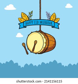 hand drawn illustration of eid al fitr mubarak with bedug hanging and a ribbon on it