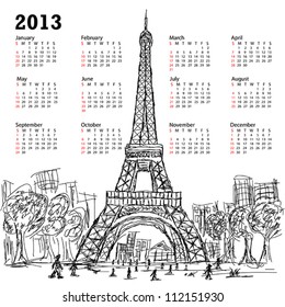 hand drawn illustration of eifel tower 2013 calendar, Paris France tourist destination.