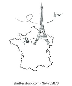 Hand drawn illustration with Eiffel tower and map of France. Paris