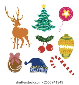 hand drawn illustration elements of christmas decorations and ornaments
