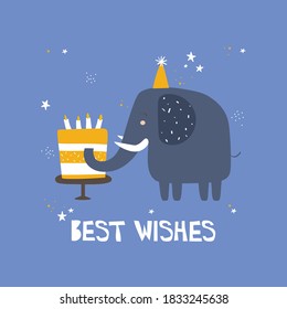 Hand drawn illustration, elephant, cake, stars, english text. Colorful background vector. Poster design with animal. Best wishes. Decorative backdrop, good for printing