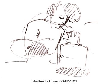 Hand drawn illustration of an emotional drummer