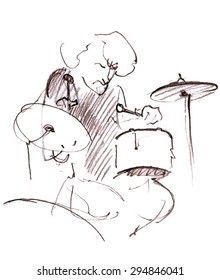 Hand drawn illustration of an emotional drummer