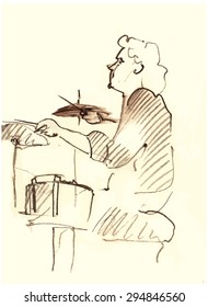 Hand drawn illustration of an emotional drummer.