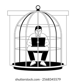 A hand drawn illustration of an employee stuck in a cage